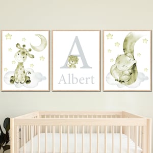 Stampa personalizzata con nome per bambino, decorazione da parete neutra per la cameretta dei bambini, cartello con iniziale, elefante, giraffa, set di 3 per bambini, verde oliva e grigio