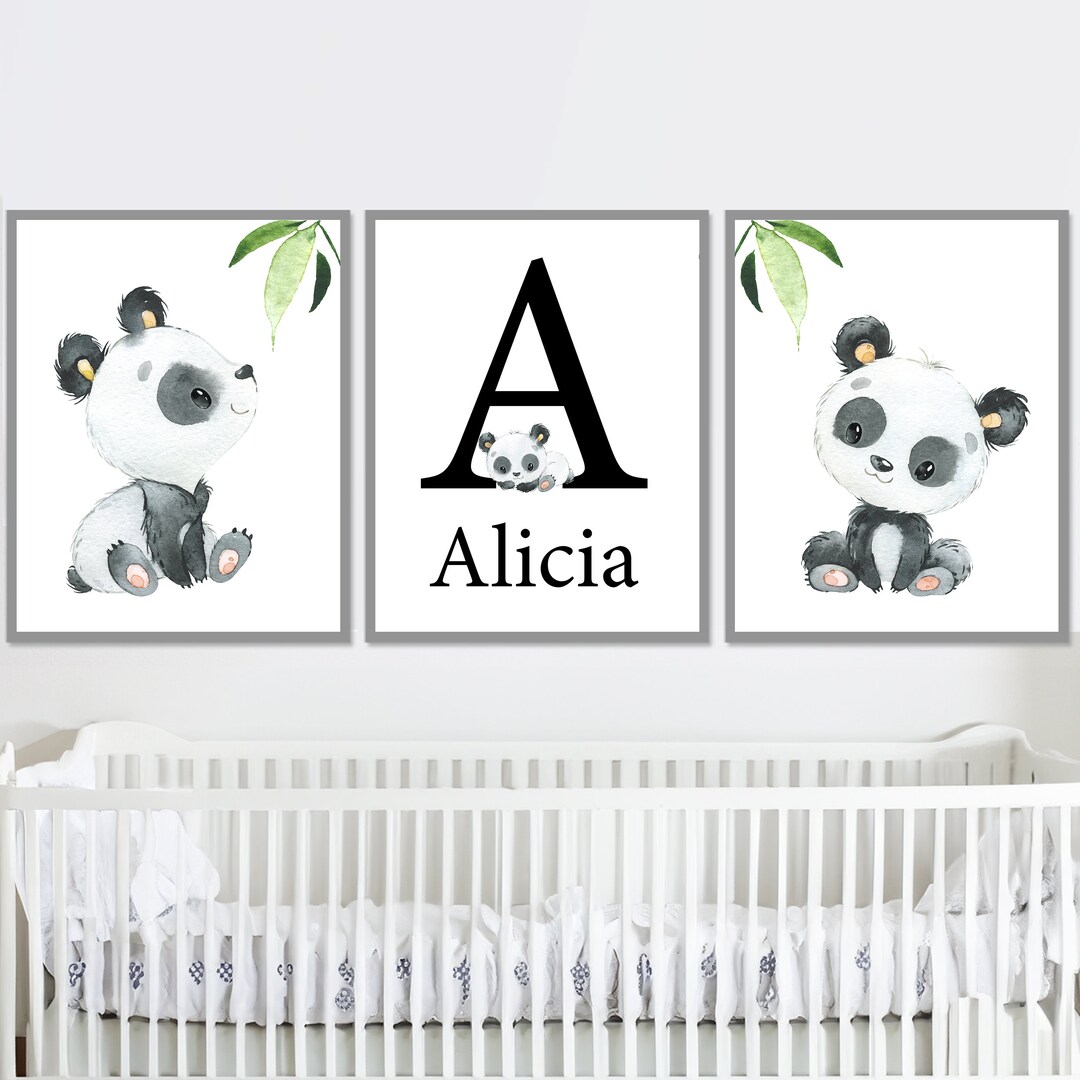 Panda Nursery Art Decor Baby Girl Boy Name Kids Room Wall Prints Letter ...