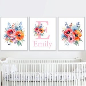 Impresiones de arte floral para guardería, flores, nombre personalizado, decoración de pared para dormitorio de niña, carteles para niños, juego de 3 imágenes digitales