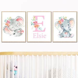 Impressão de arte de parede de elefante, decoração de berçário de menina, nome personalizado, inicial, quarto infantil, adesivo digital para impressão, conjunto de 3 cinza rosa