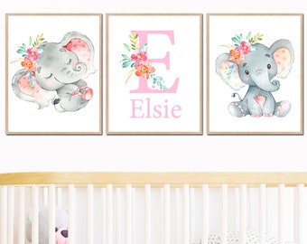 Elephant Wall Art Prints Baby Girl Nursery Decor Personalized name Letter Initial Kids Room Digital Printable Sticker set of 3 Gray pink