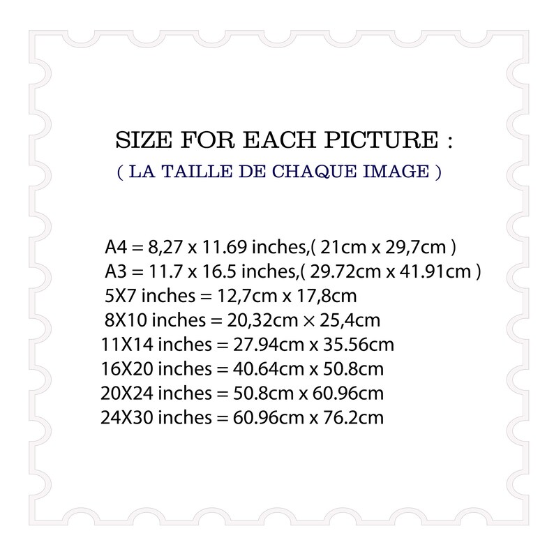 May include: A white sheet of paper with black text listing the size for each picture in inches and centimeters. The text includes the following sizes: A4, A3, 5x7, 8x10, 11x14, 16x20, 20x24, and 24x30.
