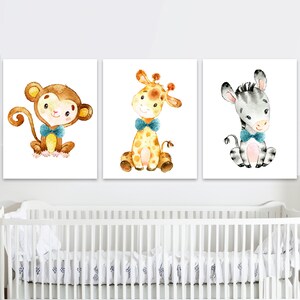 Stampe da parete per la cameretta del bambino, set di 3 poster con animali della giungla, stampe digitali, giraffe, scimmie e zebra, immagini per la camera da letto
