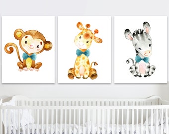 Baby Boy Nursery Decor Safari Wall Art prints Jungle Animal set of 3 Posters Printable Digital Giraffe Monkey Zebra