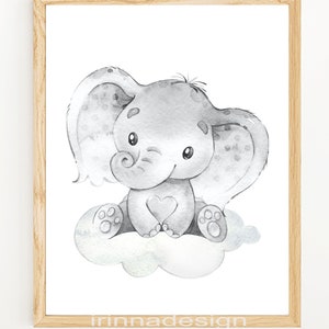May include: A black and white watercolor illustration of a baby elephant sitting on a cloud. The elephant has a heart on its chest and is holding its trunk up.