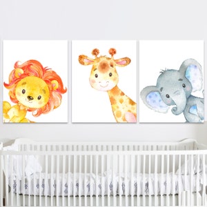 Safari Kinderzimmer Wand Dekor Jungle Art Baby Tiere Poster Kinder Zimmer Drucke set von 3 Aquarell Illustration Spielzimmer digitale Bilder