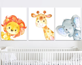 Décoration murale Safari pour chambre d'enfant, art de la jungle, affiche de bébés animaux, impression de chambre d'enfants, lot de 3 illustrations à l'aquarelle, salle de jeux