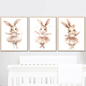 Ballerina Art Print Baby Girl Bunny Rabbit Nursery Wall Decor Kids Dormitorio bosque bailando Animales conjunto de 3 carteles digitales para niños regalos