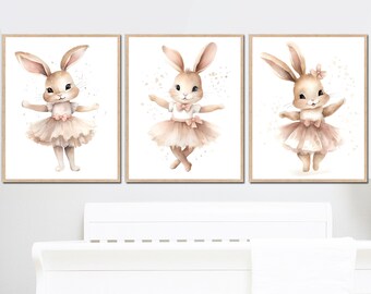 Ballerina Art Print Baby Girl Bunny Rabbit Nursery Wall Decor Kids Bedroom woodland dancing Animals set of 3 digital children posters gifts