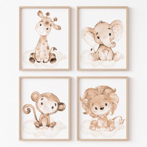 Decorazione da parete per la cameretta del bambino, stampa artistica neutra, animali della giungla, safari, set di 4 tele di genere, stampabili, beige