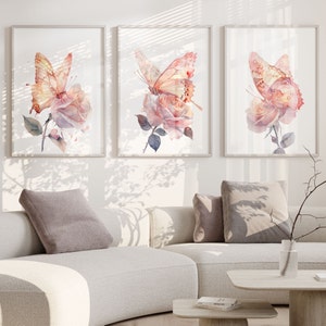 Mariposa pared arte rosas vivero impresión floral dormitorio nuevo bebé niña decoración para niños acuarela conjunto de 3 carteles imágenes digitales regalos