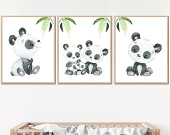 Panda Nursery Wall Decor Baby Boy Room Art Printable Kids Children Poster set of 3 Digital toddler girl family pictures