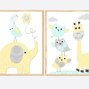 Decorazione da parete per camera da letto per bambini, arte per la cameretta dei bambini, stampabile, piccolo elefante, giraffa, set di 2 poster per bambini, immagini digitali, giallo, grigio, menta