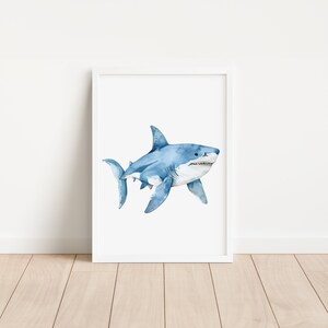 May include: A watercolor painting of a blue shark with a white underbelly. The shark is swimming to the right and has its mouth open, showing its teeth.