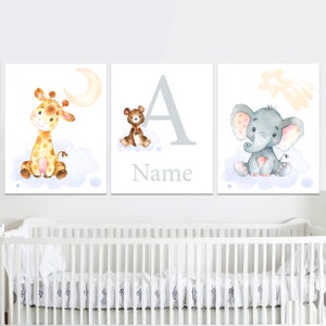Arte murale con animali della giungla, nome personalizzato, stampabile, safari, decorazione per la cameretta dei bambini, set di 3, giraffa, elefante, digitale