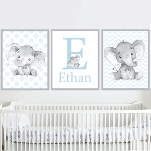 Stampe personalizzate con iniziali del nome del bambino, decorazioni da parete con elefante, arte per la cameretta dei bambini, set di 3 immagini blu e grigio su tela