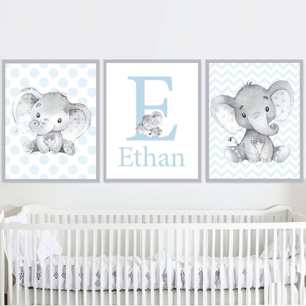 Custom Baby Name Initial Prints Elephant Wall Decor Boy Nursery Art Children Personalized Kids Room set of 3 pictures blue gray Canvas