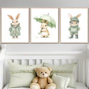 Hase Kinderzimmer Wand Kunstwerk druckbare Kaninchen Mädchen Jungen Schlafzimmer Dekor Bauernhaus Gender Neutral Poster Kind 3er Set digitale Kinderbild Leinwand
