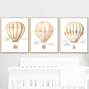 Decorazione da parete per bambini con aria calda, stampe neutre per bambini, camera da letto per bambini, set di 3 poster su tela, immagini di bambine e bambini, colori pastello beige