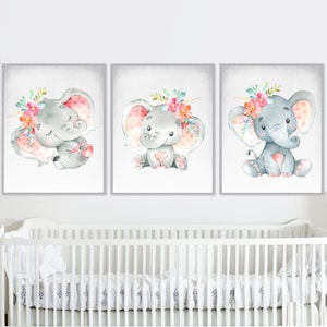 Poster per la cameretta dei bambini, decorazione per la cameretta dei bambini, elefante floreale, stampabile, set di 3 immagini, acquerello, tela, regalo per bambini, digitale, sala giochi