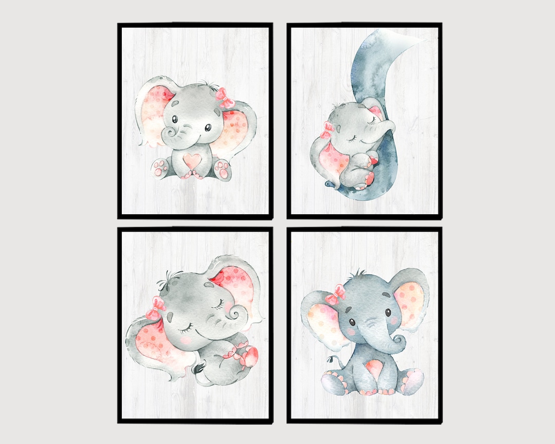 Baby Girl Nursery Wall Art Elephant Printable Kids Bedroom Decor ...