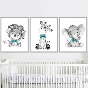 Decorazione murale con animali della giungla, stampa artistica per bambini, set di 3 stampe su tela per bambini, giraffe, elefanti e leoni, camera da letto per bambini, digitale