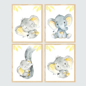 Decorazione per la cameretta dei bambini neutra, stampa artistica da parete con elefante, camera da letto per bambini, set di 4 immagini di genere, stampabili, grigio giallo digitale /