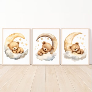 Decoración de pared para guardería con diseño de osito de peluche, impresión neutra para dormitorio de bebé, pósteres para niños, niñas, niños, luna, estrellas, nubes, animales, juego de 3