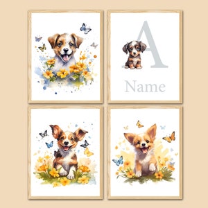 Perros Wall Art Prints Nombre personalizado del bebé Decoración del dormitorio de los niños Carta inicial personalizada Guardería niña Niño Niños conjunto de 4 carteles digitales regalo
