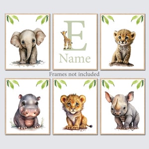 Jungle Safari Nursery Animals Decor Stampe artistiche da parete iniziali Nome del bambino Personalizzato Ragazzo Ragazza Camera dei bambini Set di 6 poster digitali ad acquerello