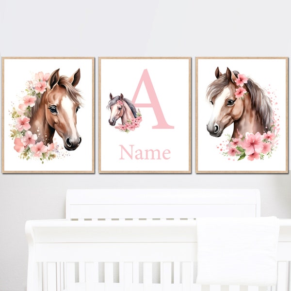 Horse Flowers Nursery Wall Art Prints Personalized name Baby Girl bedroom Decor for Kids Posters set of 3 Printable Digital pictures