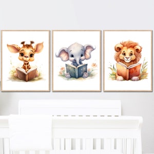 Stampa artistica per la cameretta dei bambini, Reed, decorazione da parete neutra per la cameretta dei bambini, poster per bambine, set di 3 animali, leone, elefante, giraffa digitale