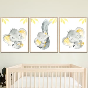 Decorazione per la cameretta dei bambini, poster elefante, stampa artistica per bambini, set di 3 immagini digitali grigie e gialle stampabili /