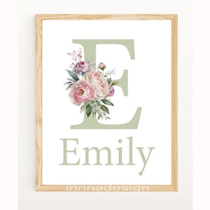 Cartel de nacimiento con nombre de niña personalizado, arte infantil con letras iniciales florales, impresión digital para pared, imágenes de decoración infantil personalizadas