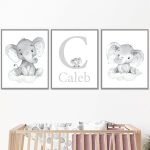 Decorazione murale elefante neutro per neonato, nome personalizzato, arte per la cameretta dei bambini, stampe iniziali, set di 3 quadri per la cameretta dei bambini, tela digitale