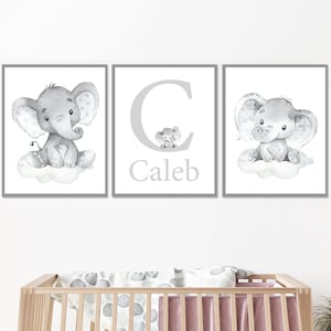 Neutral Elephant Wall Decor Baby Boy Custom Name Nursery Art Initial Prints Personalized Children set of 3 kids Room Pictures Canvas