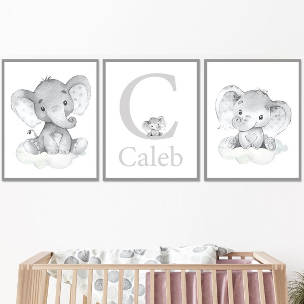 Neutral Elephant Wall Decor Baby Boy Custom Name Nursery Art Initial Prints Personalized Children set of 3 kids Room Pictures Canvas