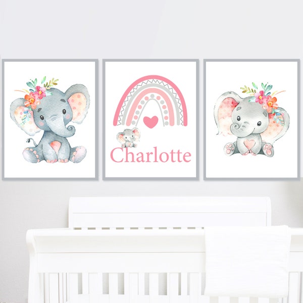 Floral elefante pared arte impresión personalizado nombre del bebé niña arco iris vivero decoración conjunto de 3 imágenes cartel digital imprimible