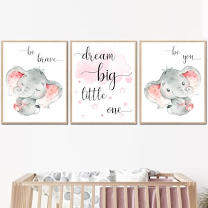 Dream big be valiente Baby Girl Nursery Decor Quote Wall Art conjunto de 3 niños elefante cartel lienzo imprimible niños dormitorio rosa gris imágenes