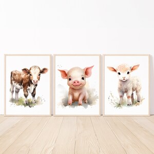 Cartel de la granja niño pared arte impresión animales de granja bebé niña vivero imprimible digital niño niños habitación decoración conjunto de 3 imágenes de lienzo regalo