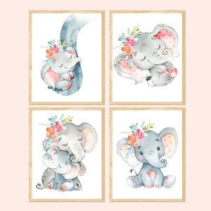 Impresiones artísticas de elefantes para bebés, decoración de pared para habitación de niñas, póster con animales florales para niños, juego de 4 lienzos, rosa, gris, imprimibles digitalmente