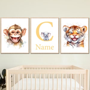 Animali safari sorridenti Neonato Asilo nido Decorazione da parete Ragazza Stampa artistica per bambini Divertente Nome personalizzato Set personalizzato di 3 sala giochi scimmia tigre