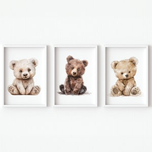 Orso bruno Arte stampabile Decorazione da parete per la cameretta dei bambini, set di 3 poster digitali per bambini, immagine pastello boho per la sala giochi