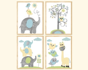 Childrens Printable Kid Wall Art Baby Bedroom Decor Neutral Nursery Elephant Giraffe set of 4 posters digital girl boy toddler pictures /