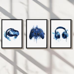Väggdekoration för spelrum, posters, spelrum, utskrivbar handkontroll, tonårslekrum, set med 3 digitala barnpresenter, canvas, blå