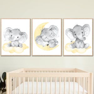 Elefante decoración de la pared bebé niño vivero arte impresiones niños habitación conjunto de 3 carteles para niños tema neutro imprimible digital gris amarillo imagen