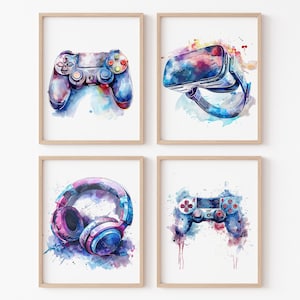 Póster de pared con diseño de controlador de juego, decoración de juegos para dormitorio de adolescentes, juego de 4, regalo digital para niños, imágenes para niños pequeños, lienzo para sala de juegos