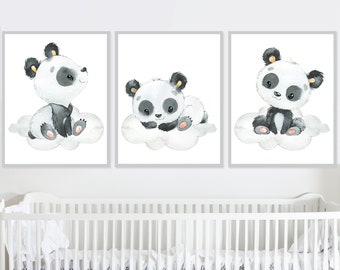 Panda Poster Baby Boy Nursery Wall Decor Kids Bedroom Art Print Children Pictures Animals set of 3 Digital