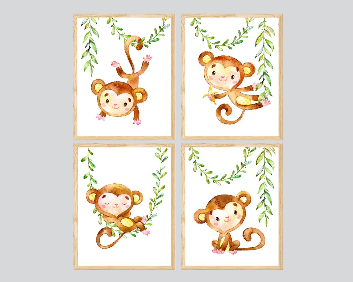 Baby Monkey Wall Art Tropical Nursery Room Decor Kids Prints - Etsy