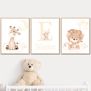 Nome personalizzato del bambino Elefante neutro Stampe iniziali di arte della scuola materna Decorazioni murali personalizzate Ragazzo Ragazza per bambini set digitale di 3 nuovi regali beige per bambini